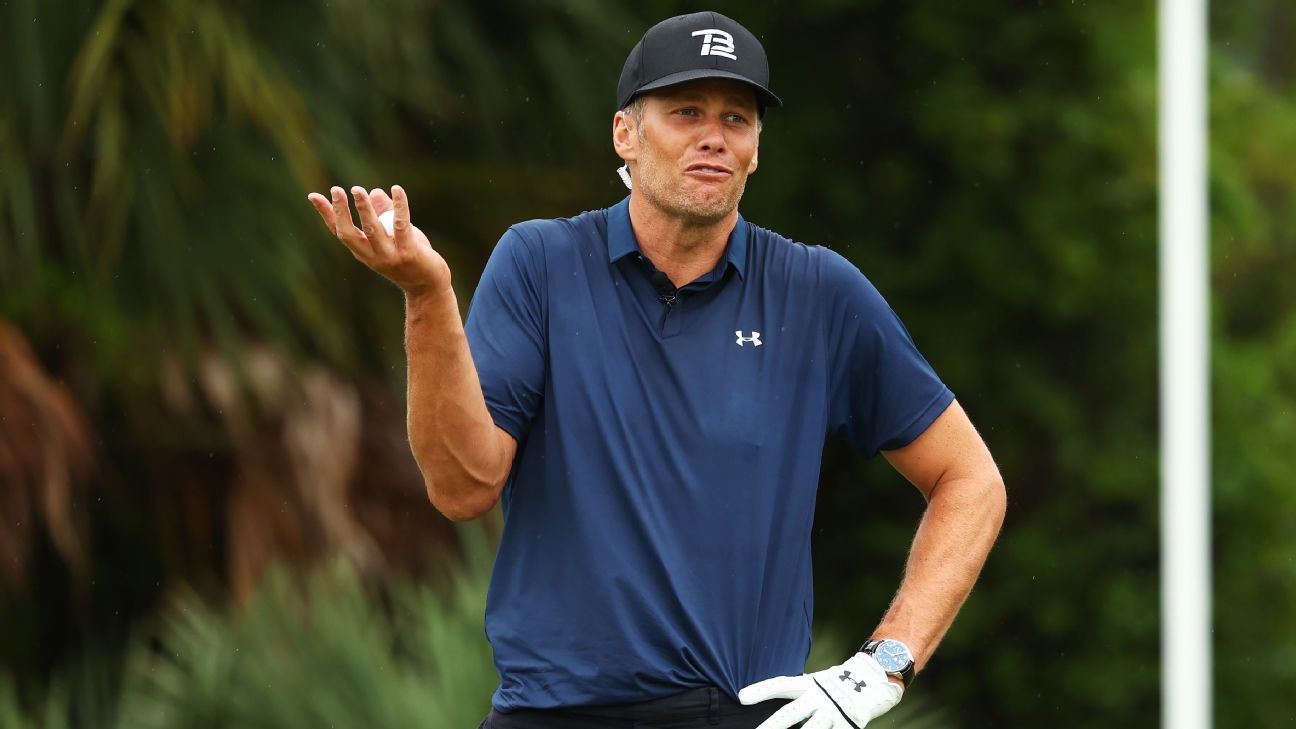 Tom Brady holes wedge shot for birdie as pants split